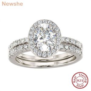 Solitaire Ring ze 2 Stuks Halo Ovaal Geslepen Verlovingsring Bruiloft Set voor Vrouwen Solid 925 Sterling Zilver AAAAA CZ Fijne Sieraden 230612