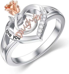 Bague Solitaire Simple Creative Rose Bicolore Maman / Fille s Pour Femmes Je T'aime Zircon En Forme De Coeur Fête Des Mères Bijoux Cadeaux Y2303