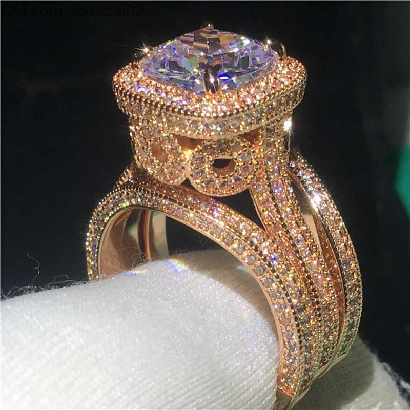 حلقة Solitaire Solitaire Ring 18K Rose Gold Vintage 3in1 Diamond CZ Ring Set 925 Sterling Silver Jewely Communged Band Rings Z230630