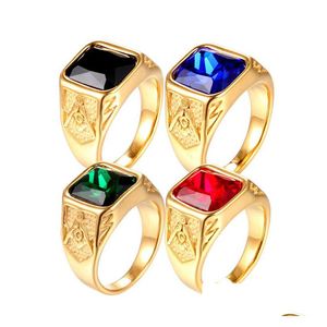 Solitaire Ring Roestvrij Stalen Sieraden Gouden Sier Heren Vrijmetselaarsringen Cadeau Mason Signet Items Met Rood Blauw Zwart Groen Cz Stenen Drop D Dhyyn