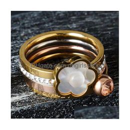 Anillo solitario Conjunto de acero inoxidable Concha blanca natural Flor Dedo 4 en 1 Cz Crystal Love Anillos nupciales para mujeres Drop Deli Dhprb