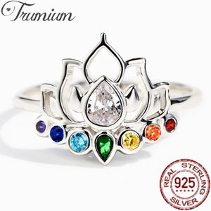 Solitaire Ring Trumium Real 925 Sterling Silver Lotus Flower Rings para mujeres Simple Trendy colorido Anillo de boda de circón Joyería Fina Joya 230617