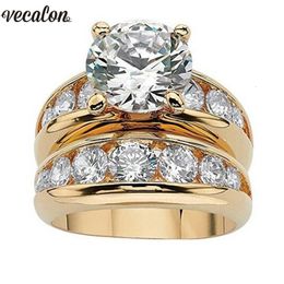 Solitaire Ring Vecalon Gold Color Solitaire trouwring Set 925 Sterling Silver 5A Zirkon Stone Daily Engagement Band Rings For Women Sieraden 230506