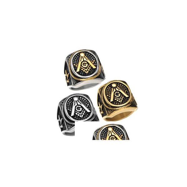 Bague solitaire Vintage hommes anneaux maçonniques de haute qualité en acier inoxydable bijoux bande rétro 18 carats plaqué or titane Punk livraison directe Dhsdj