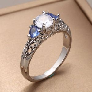 Anillo solitario Vintage princesa corte azul cristal circón mujer para mujer s banda aniversario Navidad regalo fiesta joyería conjunto Y2302