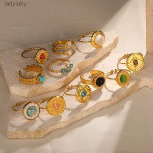 Solitaire Ring Vintage Round Gold Color Natural Stone en acier inoxydable en acier inoxydable pour femmes bijoux de personnalité de bague Nouvelle livraison gratuite 240226