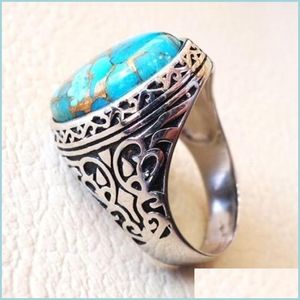 Anillo solitario Toda la moda europea Mujer Hombre Fiesta Regalo de boda Sier Negro Verde Oval Turquesa Anillo Taiyin Entrega de gota Dhgarden Dheqm