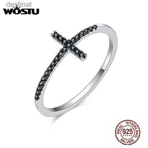 Solitaire Ring Wostu 100% pur 925 Silver Silver Croying Cross Rings avec Black Zirconia Stone for Women Party Gift Bijoux CQR067L231220