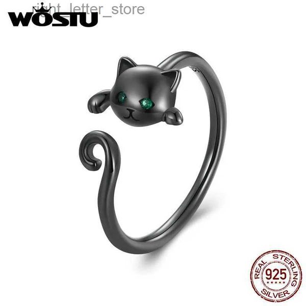 Anillo solitario WOSTU 925 Sterling Black Cat con ojo verde lindo mascota anillo abierto para mujeres joven regalo anillo ajustable al por mayor Dropshipping YQ231207
