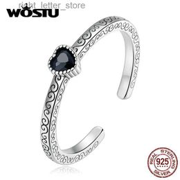 Bague Solitaire WOSTU 925 en argent Sterling classique Style coeur noir cristal CZ anneaux pour femmes rétro fleur motif anneau cadeau spécial pour elle YQ231207