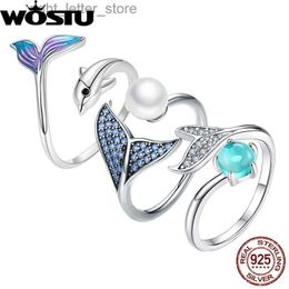 Anello solitario WOSTU 925 Sterling Silver Sirena Coda Anelli regolabili aperti Donna Ocean Blue CZ Perla naturale Festa di nozze Anello da cocktail Regalo YQ231207