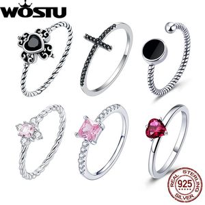 Solitaire Ring WOSTU 925 Sterling Zilveren Kruis Liefde Hart Band Ringen Voor Vrouwen s925 Zwart Roos Rood Roze CZ Sieraden bruiloft Accessoires Cadeau 231031