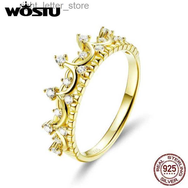 Anillo solitario WOSTU 925 Plata de ley 18K Oro Anillos de banda de corona real para mujeres Anillo de fiesta de boda de circón brillante Regalo de joyería de cumpleaños para niña YQ231207