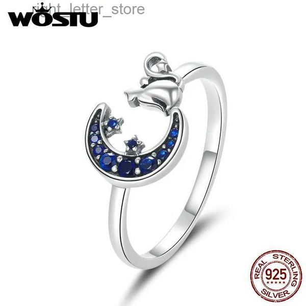 Bague Solitaire WOSTU lune chat anneau ouvert 925 argent Sterling bleu Zircon taille réglable Animal anneau pour femmes doigts bijoux à la mode CQR677 YQ231207