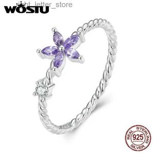Bague solitaire WOSTU en argent sterling 925 véritable, bague en cristal en forme de fleur violette brillante avec des anneaux délicats en zircon cubique AAA éblouissants YQ231207