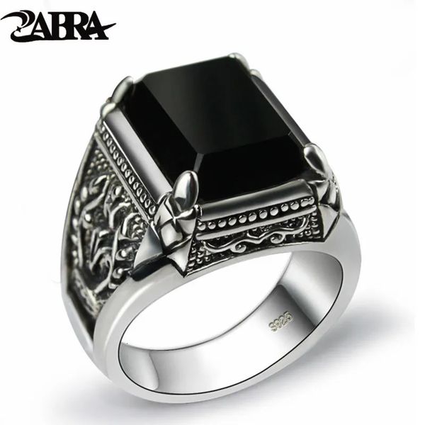 Bague Solitaire ZABRA Réel 925 Argent Noir Zircon Pour Hommes Femme Gravé Fleur Mode Sterling Thai Bijoux Synthétique Onyx 231007