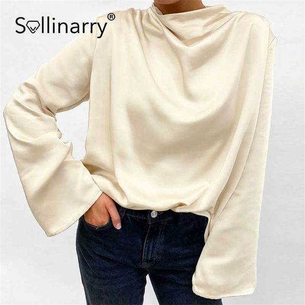 Sollinarry Casual chemisier à manches longues évasées femmes printemps highstreet lâche trou de serrure dos chemises bouton col femal tops streetwear 210709