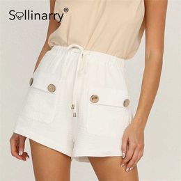 Sollinarry Coton Taille haute Straightleg Shorts Casual Bouton de poche Summer Femme Shorts Élégant Blanc Loose Office Lady Shorts 210709