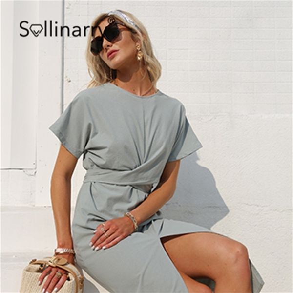 Sollinarry Algodón anudado vestido de mujer recto Casual O cuello elegante vestido dividido elegante verde suelto manga corta damas midi vestido 210709