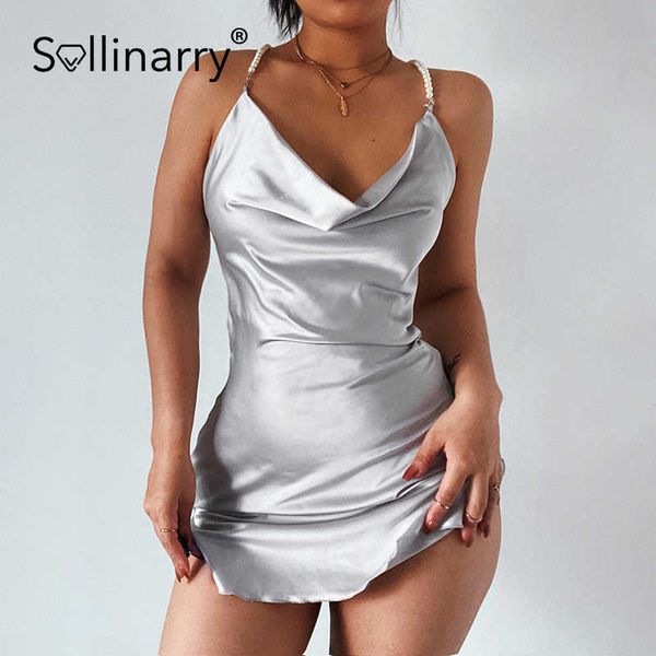 Sollinarry Élégant dos nu slip femmes mini robe Sexy gaine fendue robes noir blanc Club v cou chaîne robes dames 210709