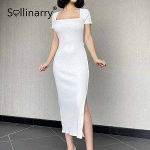 Sollinarry élégant fendu solide blanc crayon robe femmes ceinture haute rue style U-cou robe femme à manches courtes Vestidos 210709