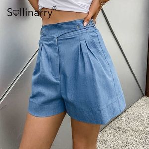Sollinarry Fashion High Street Drape Zipper Shorts Casual Solid Blue High Taille Dames Shorts Basic Vrouwelijke bodems zomervakantie 210709