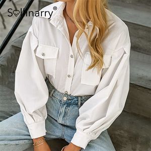 Sollinarry Lantern Sleeve Oversized White Blouse Women Office Turn Down Collar Lady Casual Shirt Spring High Street Poaket Shirt 210709