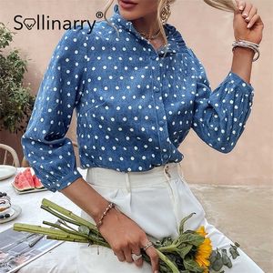 Sollinarry Office Lady Turtleneck Polka Dots Women Blue Shirt Autumn Causal Ladies Skinny Top Vrouw Reguliere mouwen Blouse 210709