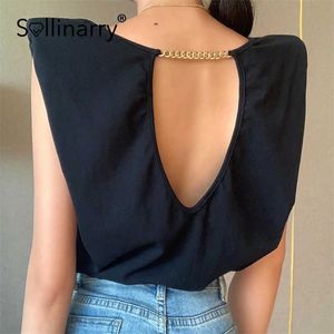 Sollinarry Sexy holle rug mouwloze damesoverhemden Casual Black Round Neck Chain Loose Top High Street Autumn Fashion T-Shirt 210709