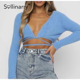 Sollinarry Sexy cuello en v sólido mujeres cárdigan corto otoño High street Lace up manga larga suéter Casual slim cardigans mujer 210709