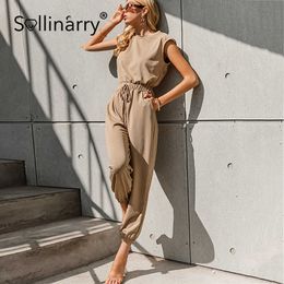 Sollinarry Mouwloze Solid Sport Jumpsuit Elastische Taille Lace Up Ankle Banded Summer Jumpsuit Ronde hals Causale Romper Vrouw 210709