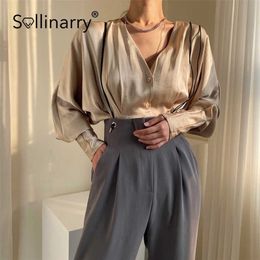 Sollinary vente Sexy à manches longues col en V chemise femmes élégante couleur unie simple boutonnage chemisier automne haute rue vente haut 210709