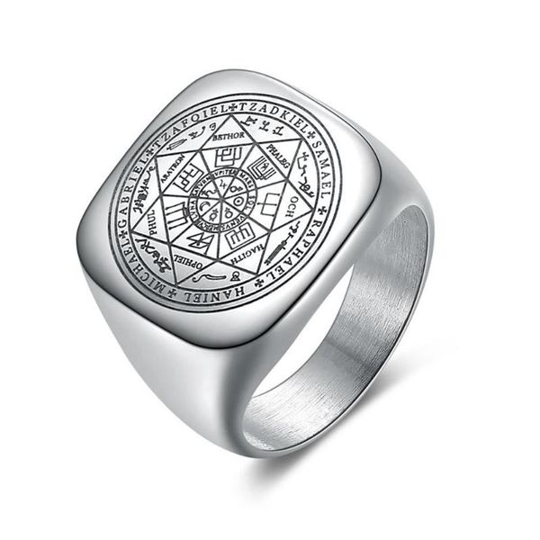 Bagues salomon pour hommes, couleur argent, Runes magiques, chevalière en acier inoxydable, amulette païenne, bijoux masculins 212V