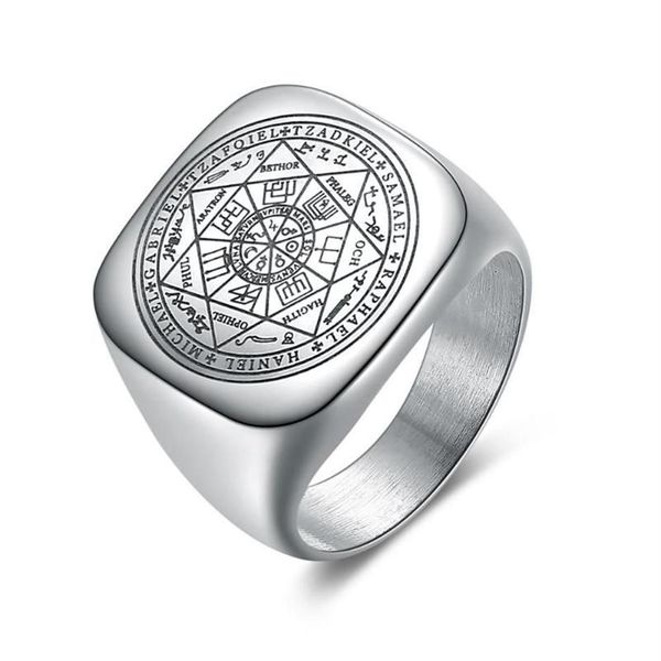 Bagues salomon pour hommes, couleur argent, Runes magiques, chevalière en acier inoxydable, amulette païenne, bijoux masculins 221g