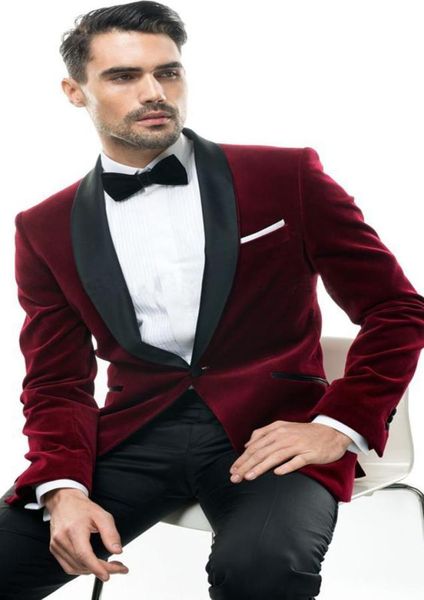 Solovedress nouveau 2 pièces bordeaux hommes costume laine velours Groomsman Tuxedos veste pantalon ensemble formel mariage hommes Suits4097935