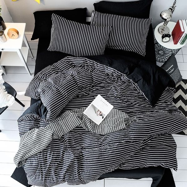 Conjuntos de ropa de cama Textiles para el hogar Conjunto de rayas blancas y negras Ropa de cama para niños y adolescentes Funda nórdica Funda de almohada Sábana King Twin 3-4 piezas