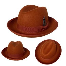 Sombrero fedora chapeau arc plume accessoires petit bord rabattable hommes haut rétro jazz gorras para hombres 240219