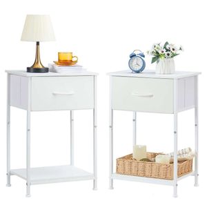 Somdot Ensemble 2 pièces, table de chevet dans la chambre, la garderie, le salon, tiroir en tissu amovible, support de rangement ouvert, cadre en acier robuste, plateau en bois durable – Blanc