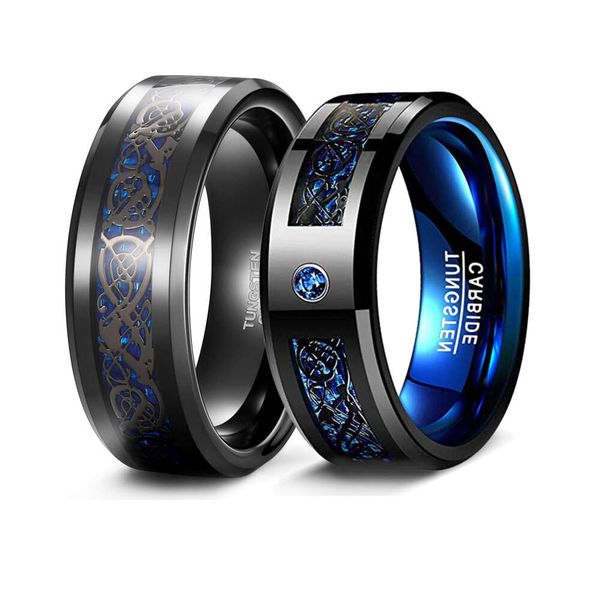 Somen-Anillo de carburo de tungsteno para hombre, 8mm, negro, azul, incrustaciones de dragón celta, alianzas de boda, conjuntos de joyería de moda