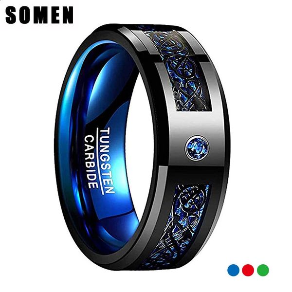 Somen – alliances en tungstène pour hommes, 8mm, avec anneau en zircone cubique vert/bleu/rouge, anneau Dragon celtique CZ, taille polie élevée, 240125