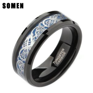 Somen Anneau Hommes 8mm Noir Anneau De Tungstène Dragon Celtique Incrusté Poli Mâle Bagues De Fiançailles Cool Bijoux Ami Cadeaux Anel Hombre D19011502