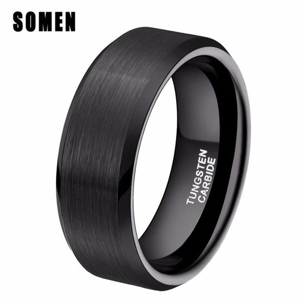 Somen Ring Hommes Classique 8mm Pur Noir Tungstène Anneau Brossé Fini Bande De Mariage À La Mode Mâle Bijoux Bague De Fiançailles Amour Bague J304O