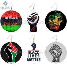 SOMESOOR Black Forever Power Fist Collections Boucles d'oreilles africaines en bois AFRO RASTA Sayings Designs Bijoux pour femmes Gifts293T