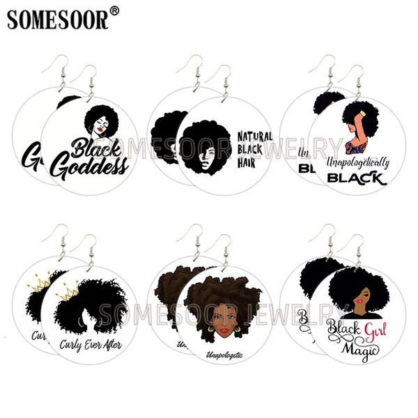 SOMESOOR naturel noir cheveux fille magique Afro imprimé en bois boucles d'oreilles déesse bois boucles rondes balancent bijoux pour femmes cadeaux 240311