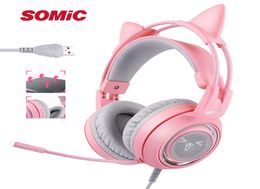 SOMIC G951 Pink Cat -hoofdtelefoon Virtuele 71 Ruisonderdrukking Gaming Hoofdtelefoon Villing LED USB -headset Girl -headsets voor PC3339019