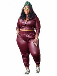 Somo Plus Taille Salopette d'hiver PU Chemise en cuir + Pantalon Crayon Survêtement Femmes Deux Pièces Ensemble Tenues Décontractées En Gros Dropship E6HT #