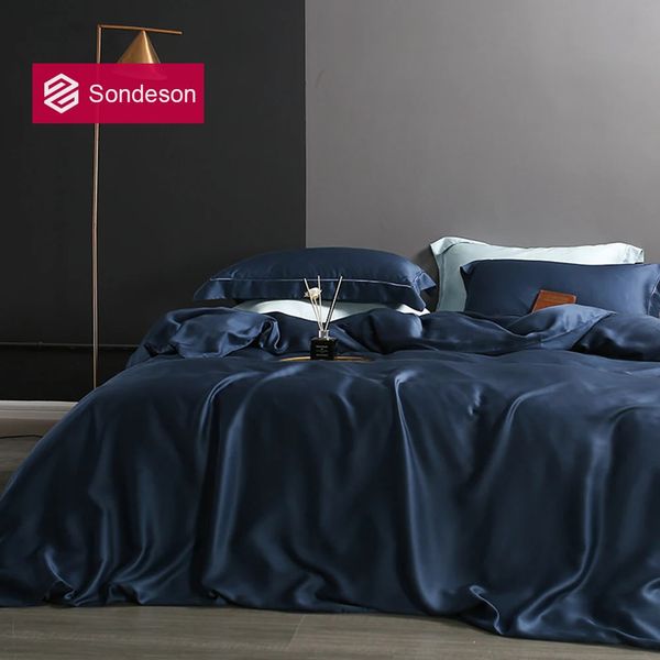 Sondeson Beauty 100% Naturaleza Juego de ropa de cama de seda de color azul oscuro Rey King Viveta Sapa de almohada de almohada de sábana plana Ejecdes de cama 240312