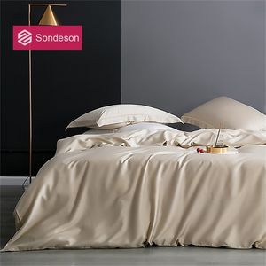 Sondeson Luxury 100% zijde 25 Momme beddengoedset Silk gezonde huid Beauty dekbedoverdeksel Set Flat Pillowcase Bed Set voor volwassen T200409
