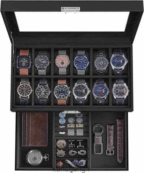 SongMics Caja de reloj de 12 ranuras Caja de reloj bloqueable con tapa de vidrio 2 capas con 1 cajón para anillos Pulseras Idea de regalo Negro de cuero sintético Finamiento gris UJWB012