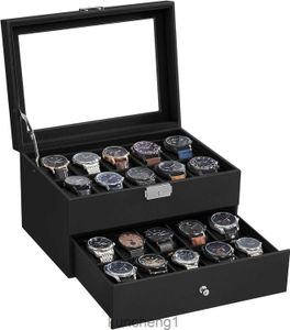 Boîte de montre Songmics 20 slots Watch Watch avec couvercle en verre 2 couches LOCAGE LOCATIVE Affichage de montre noire en cuir synthétique Gris doublure UJWB006